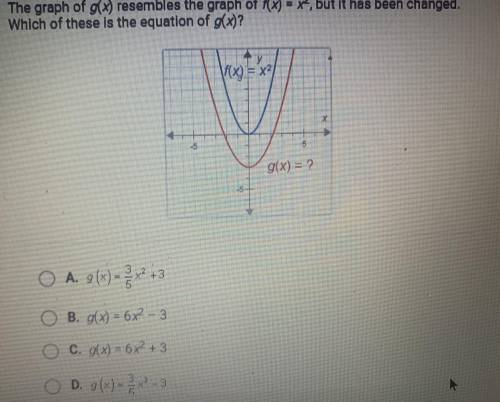 The graph g(x) resembles the graph of f(x)=x^2 but it has been changed which of these is the equati