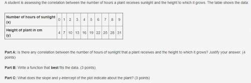 A student is assessing the correlation between the number of hours a plant receives sunlight and th
