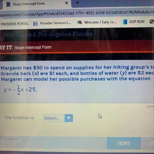 Margaret has $50 to spend on supplies for her hiking group's trip.

Granola bars (x) are $1 each,