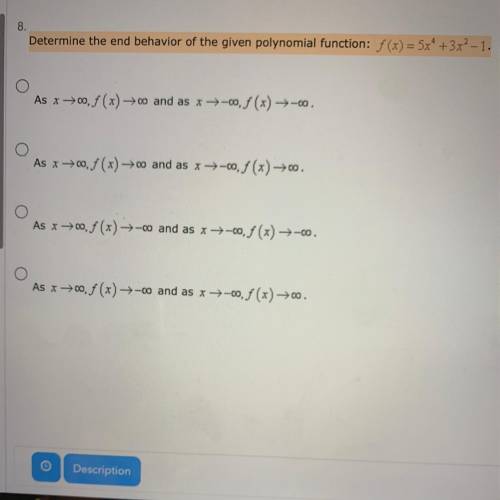 Describe the end behavior f(x)=5x^4+3x^2-1.