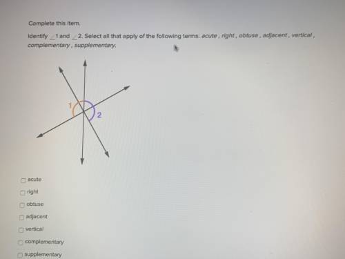 Complete this item. Identify angle1 and angle2. Select all that apply off the following terms: acut