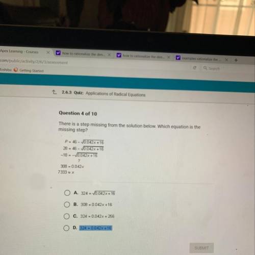 There is a step missing from the solution below. Which equation is the
missing step?