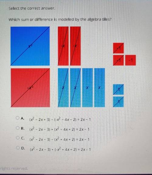 Select the correct answer.Which sum or difference is modeled by the algebra tiles?