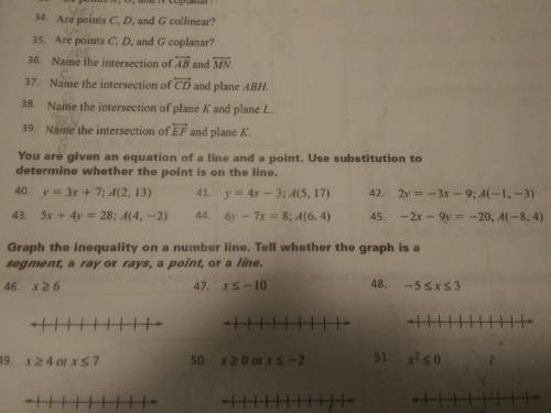 Need help with questions 40-45 using substitution to determine whether the point is on the line. Wi
