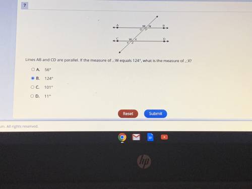 Lines AB and CD are parallel. If the measure of angle W equals 124 degrees, what is the measure of
