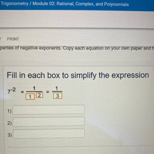 Simplify 7^-2=1/1^2=1/3