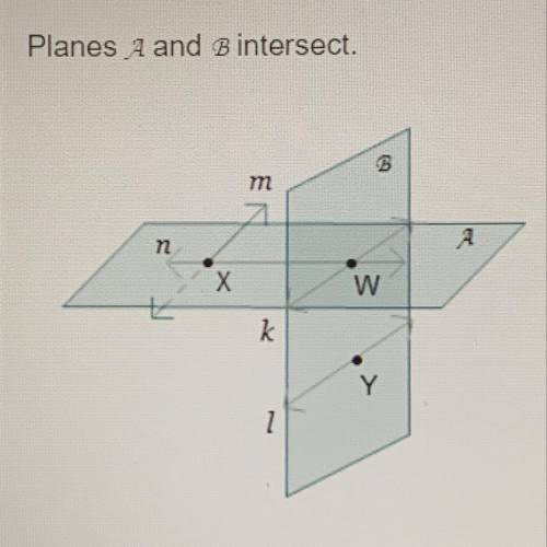 Which describes the intersection of plane A and line m?
line k
linen
point X
point w
