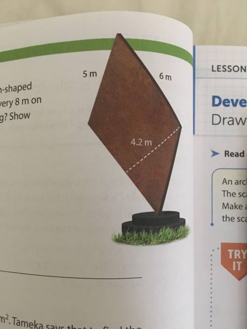 An artist makes a scale drawing of a parallelogram-shaped sculpture. The scale is 10 cm on the draw