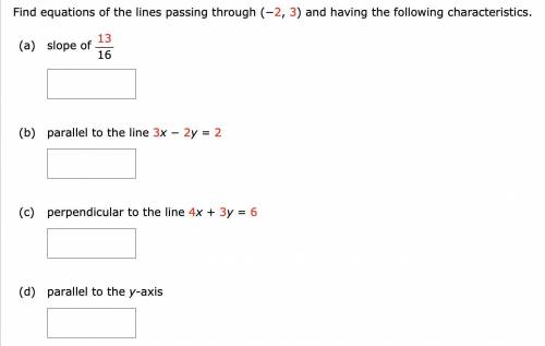 Find equations of the lines passing through (−2, 3) and having the following characteristics.