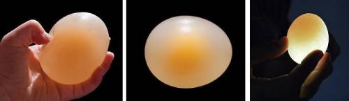 After soaking in the vinegar, the egg’s exterior is soft and flexible. The egg is translucent, and