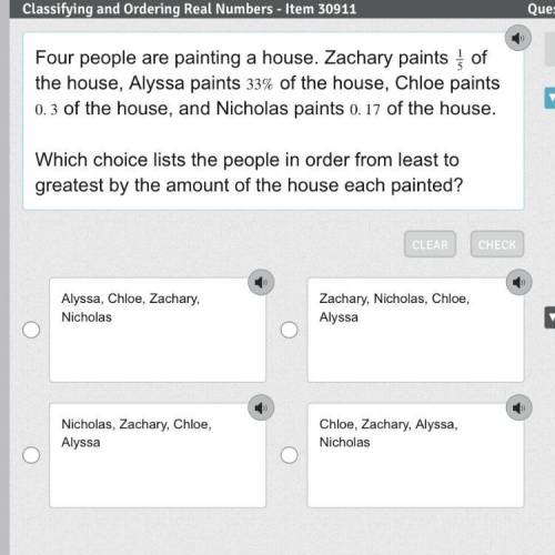 Four people are painting a house. Zachary paints 15

1
5
of the house, Alyssa paints 33%
33
%
of t
