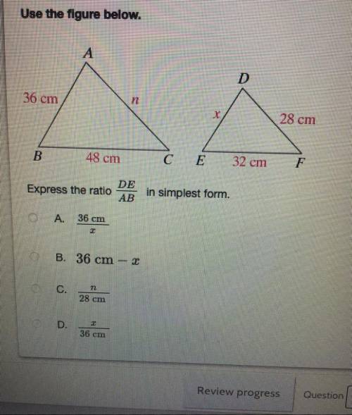 Express the ratio DE/AB in simplest form