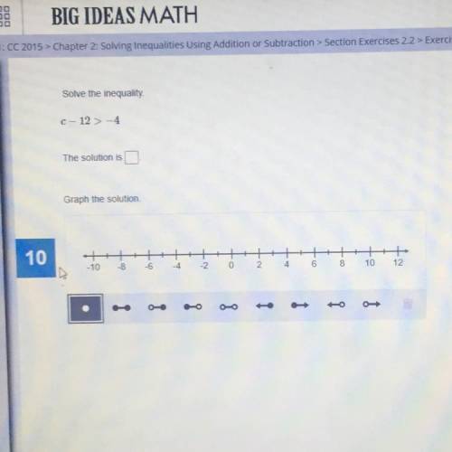 Solve the inequality

C-12 > -4
The solution is
Graph the solution
10
+
6
+
12
- 10
-8
-6
-4
-2