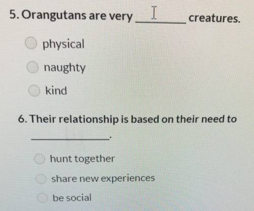5. Orangutans are very I creatures. physical naughty kind

6. Their relationship is based on their