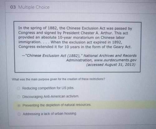 In the spring of 1882, the Chinese Exclusion Act was passed by

Congress and signed by President C