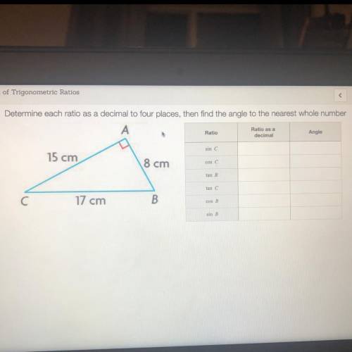 Determine each ratio as a decimal to four places, then find the angle to the nearest whole number