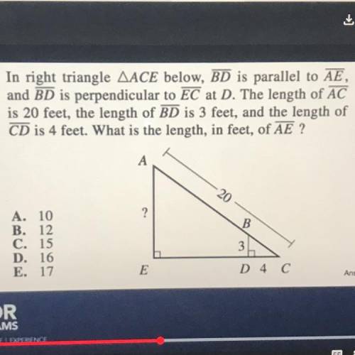 In the right triangle ACE below, BD is parallel to AE, and BD is perpendicular to EC at D. The leng