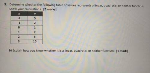 PLEASE!!!

3. Determine whether the following table of values represents a linear, quadratic, or n