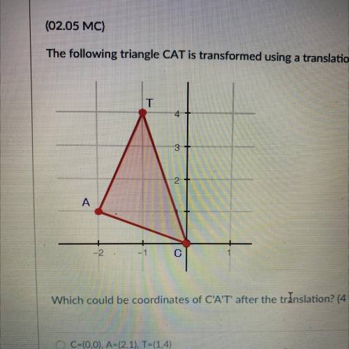 T

3
А
Which could be coordinates of CAT after the translation? (4 points)
I NEED HELPPP ASAAP NO
