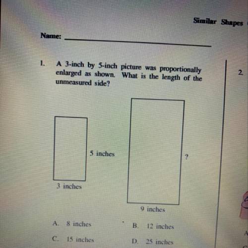 Hurry please! A 3-inch by 5-inch picture was proportionally enlarged as shown. What is the length o