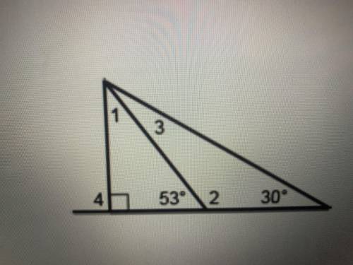 Angle 1 is in a triangle with angle 4 and a 53 degrees angle. What is the sum of the measures of th