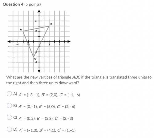What are the new vertices of triangle ABC if the triangle is translated three units to the right an
