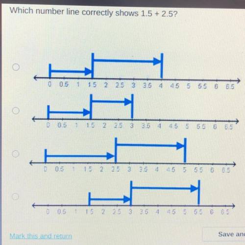 Which number line correctly shows 1.5+2.5?