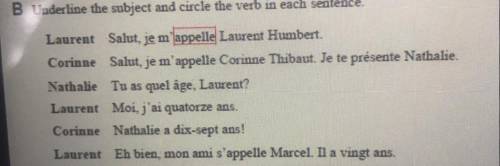 B Underline the subject and circle the verb in each sentence.

Laurent Salut, je m'appelle Laurent