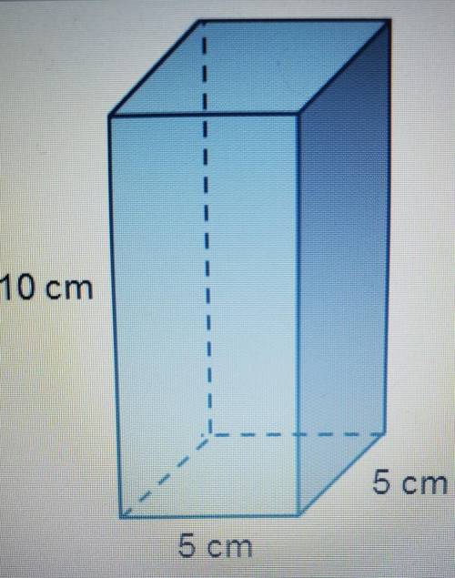 Find the volume of a box with a length of 5 cm, a width of 5 cm, and a height of 10 cm.

V= cm3