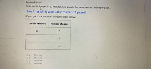 Callie reads 5 pages in 20 minutes. She spends the same amount of time per page.

How long will it