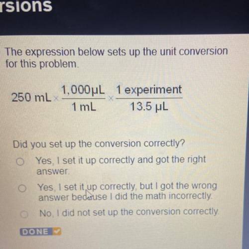The expression below sets up the unit conversion

for this problem
250 mL
1,000PL 1 experiment
1 m