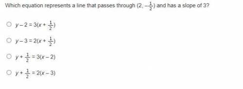 Which equation represents a line that passes through (2, –left-parenthesis 2, negative StartFractio