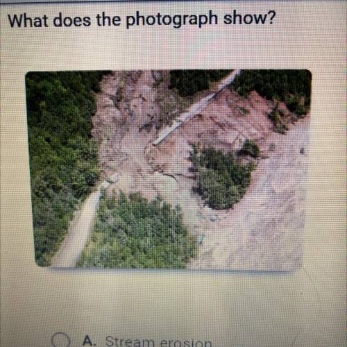 What does the photograph shown

A. Stream erosion
B. Elastic rebound
C. A landslide
D. Soil creep