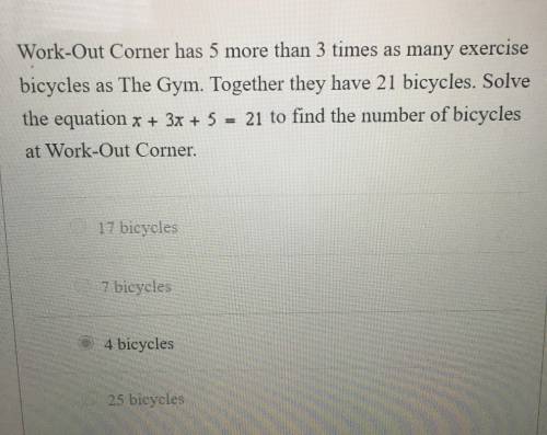 Work-out corner has 5 more than 3 times as many exercise bicycles as the gym. Together they have 21