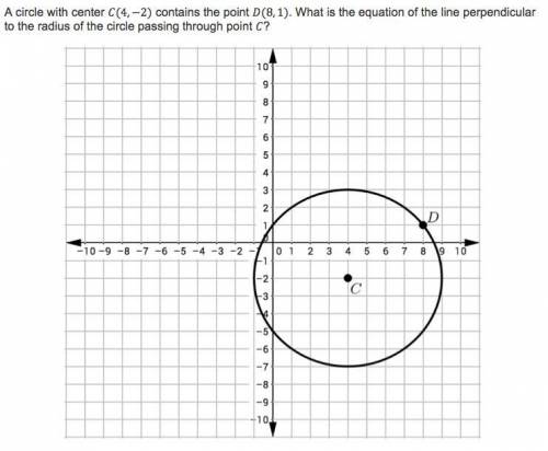 A circle with the center C (4, -2) contains the point D (8,1). What is the equation of the line per