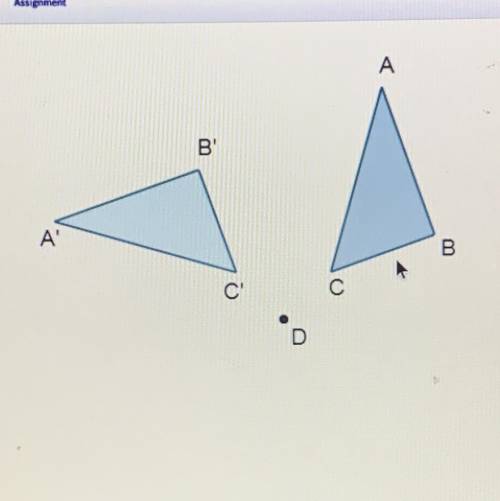 Examine the rotation. Which best describes point D?

А
O angle of rotation
O center of rotation
B
