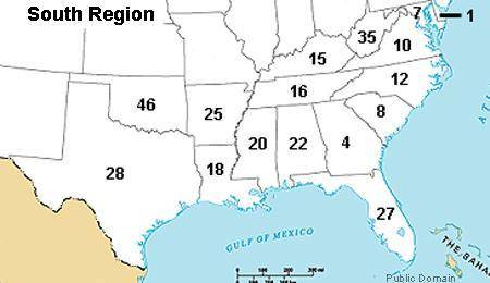 Using the map above, what number is on the state of Alabama?