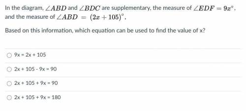 In the diagram, \angle ABD∠ A B D and \angle BDC∠ B D C are supplementary, the measure of \angle ED