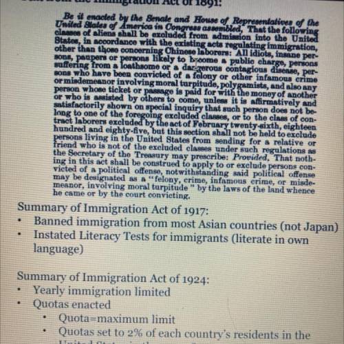 Summarize the immigration Acts of 1891, 1971, and 1924.