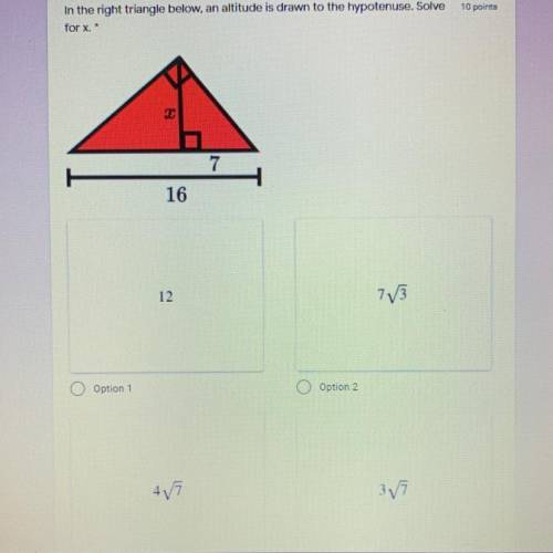 In the right triangle below, an altitude is drawn to the hypotenuse. Solve for x.

Can someone ple
