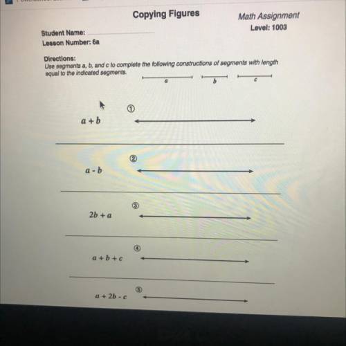 Copying Figures

Math Assignment
Level: 1003
Student Name:
Lesson Number: 6a
Directions:
Use segme