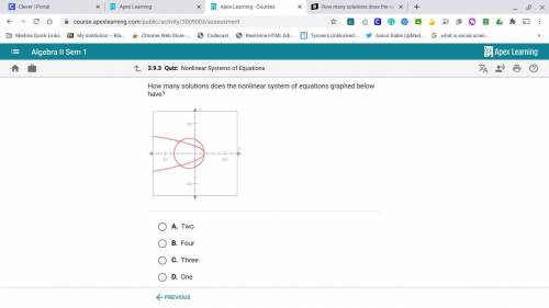 PLEASE HELP!!

How many solutions does the nonlinear system of equations graphed below have?
A. tw