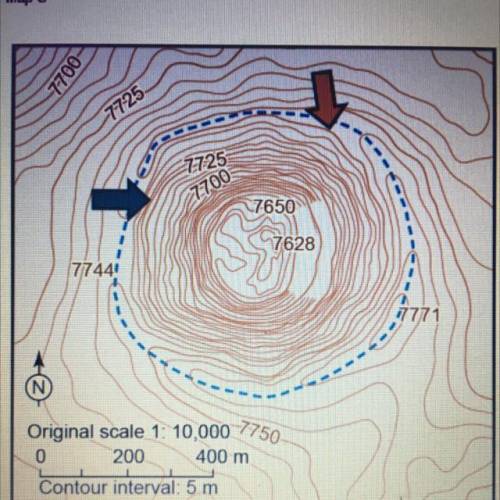 1. Is the elevation at the red arrow higher or lower than the elevation at the blue arrow?

2. Wha