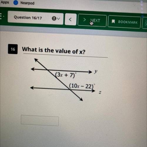 What is the value of x?
(3x + 7)
(10x - 22)