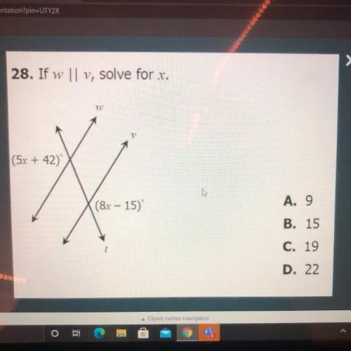 .If w || v, solve for x.
w
(5x + 42)
(8x – 15)