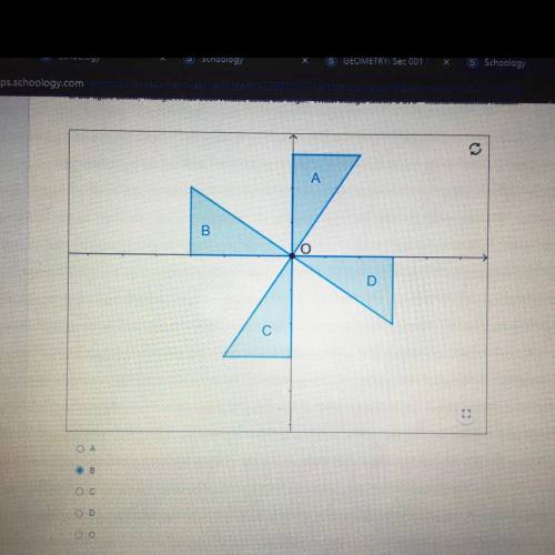 In the figure below triangle A has been rotated about the origin which triangle shows a 270° clockw