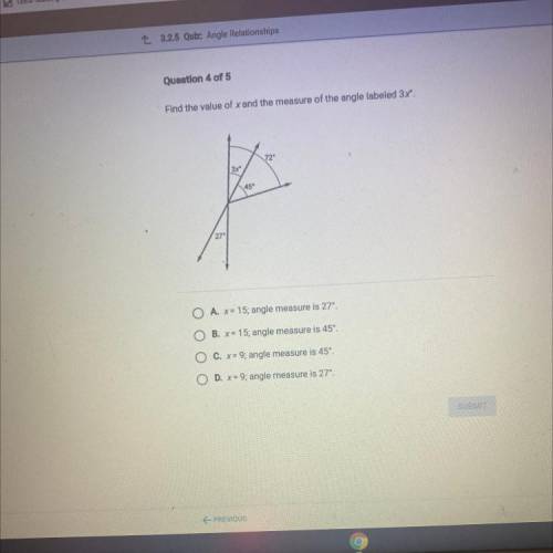 Find the value of x and the measure of the angle labeled 3x