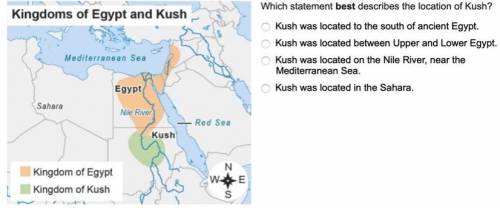 Which statement best describes the location of Kush?

Kush was located to the south of ancient Egy
