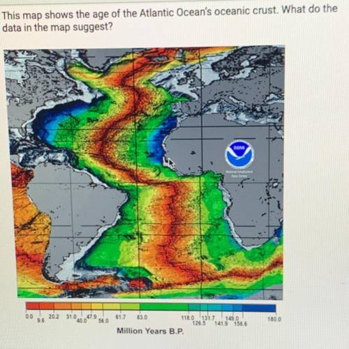 This map shows the age of the Atlantic Ocean's oceanic crust. What do the

data in the map suggest