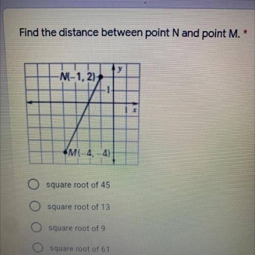 Find the distance between point N and point M.

-N(-1,2)
*M(-4, 4)
square root of 45
square root o